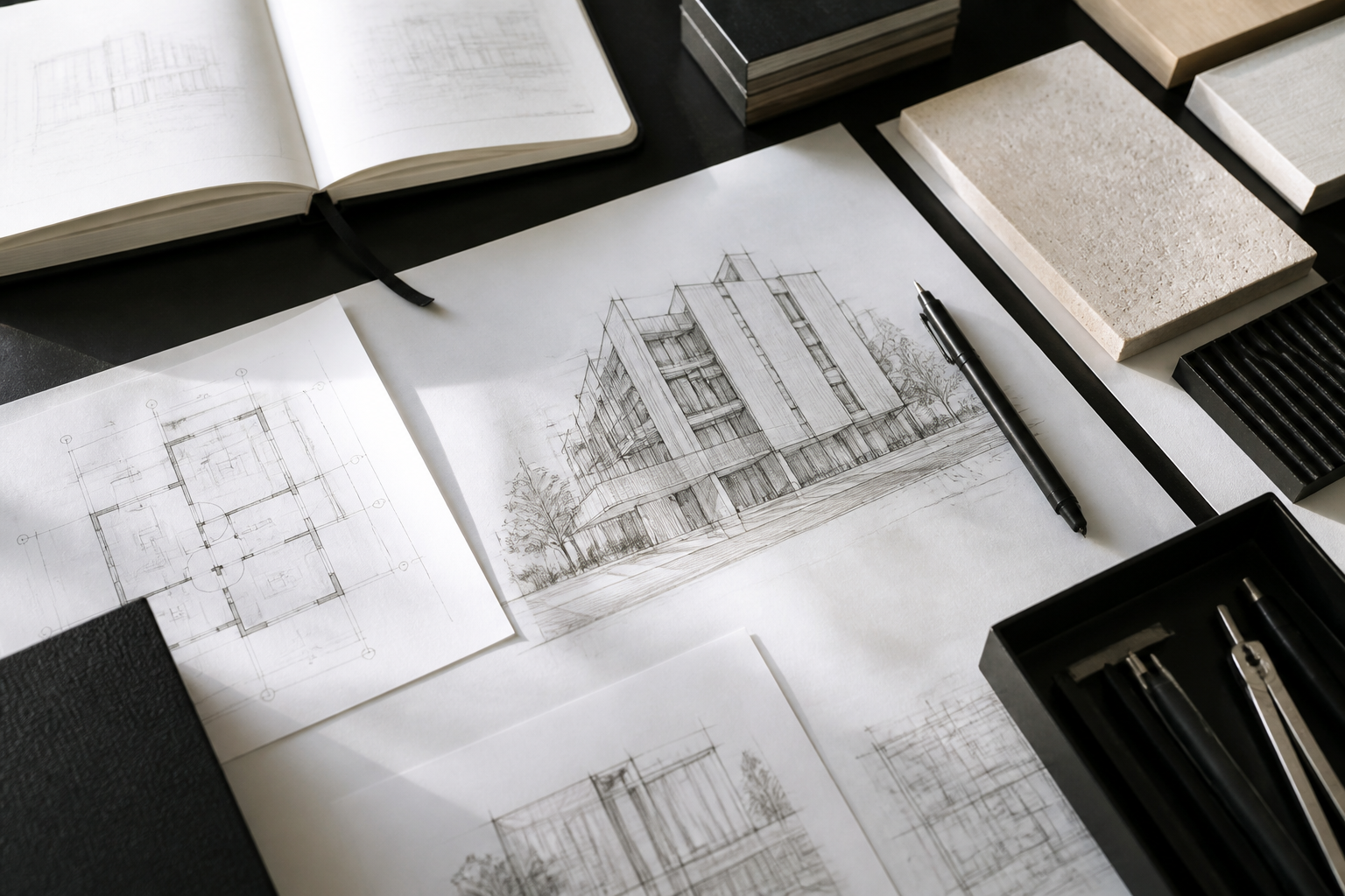 Architecture sketches, design process, and building geometry